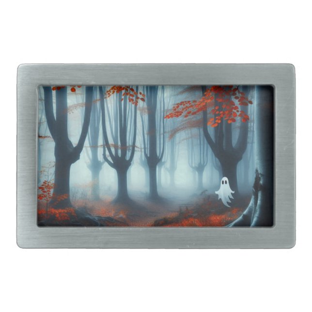 Spooky Autumn woods with a ghost Belt Buckle (Front)