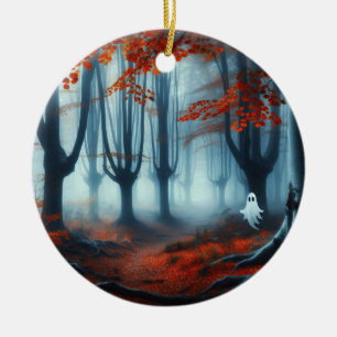 Spooky Autumn woods with a ghost Ceramic Ornament