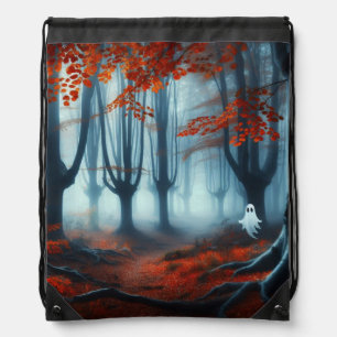 Spooky Autumn woods with a ghost Drawstring Bag