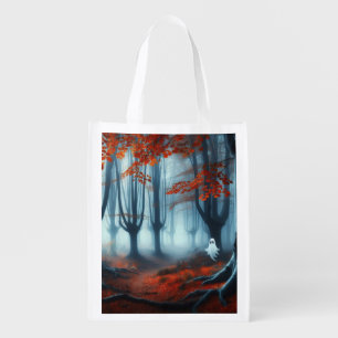 Spooky Autumn woods with a ghost Grocery Bag
