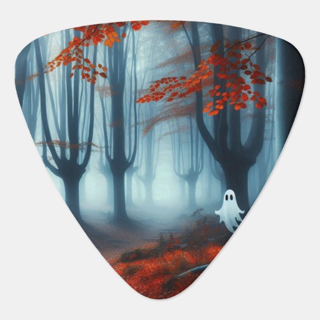 Spooky Autumn woods with a ghost Guitar Pick (Front)