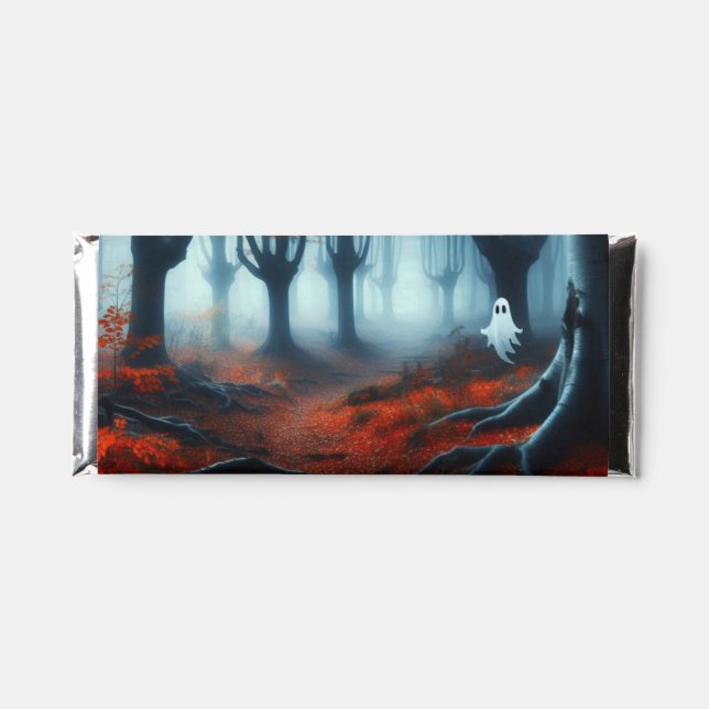Spooky Autumn woods with a ghost Hershey Bar Favors (Front)
