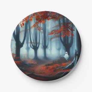 Spooky Autumn woods with a ghost Paper Plates