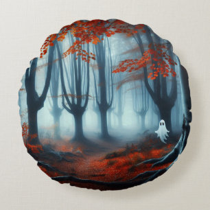Spooky Autumn woods with a ghost Round Pillow