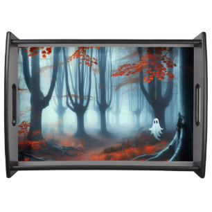 Spooky Autumn woods with a ghost Serving Tray