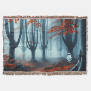 Spooky Autumn woods with a ghost Throw Blanket