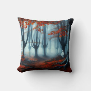 Spooky Autumn woods with a ghost Throw Pillow