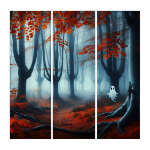 Spooky Autumn woods with a ghost Triptych
