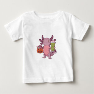 Spooky Axolotl Holding Matcha and Treat Halloween Baby T-Shirt