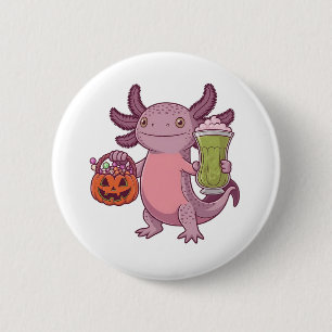 Spooky Axolotl Holding Matcha and Treat Halloween Button