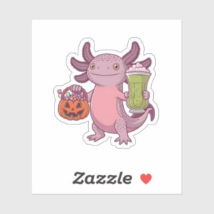 Spooky Axolotl Holding Matcha and Treat Halloween Sticker