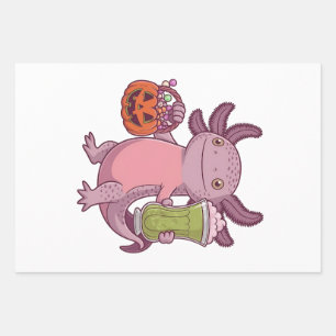 Spooky Axolotl Holding Matcha and Treat Halloween Wrapping Paper Sheets
