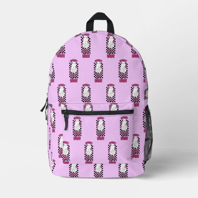 "Spooky Babe" Woman Halloween Ghost – Retro Pink Printed Backpack (Front)