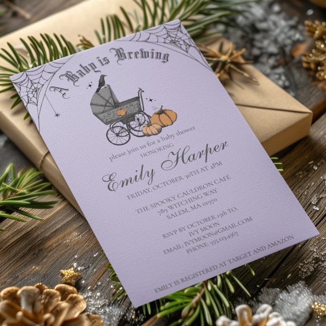 Spooky Baby is Brewing Gothic Baby Shower Invitation (Halloween Baby Shower A Baby Is Brewing Invite. Hand Drawn Victorian Baby Carriage, Pumpkins, Webs.)
