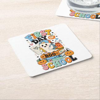 Spooky Back to School Halloween Graphic Design Square Paper Coaster
