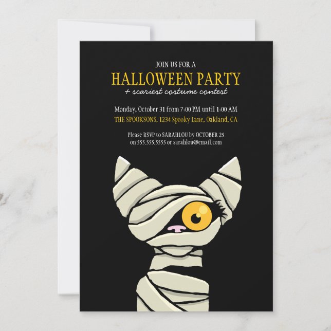 Spooky Bandaged Mummy Cat Halloween Party Invitation (Front)