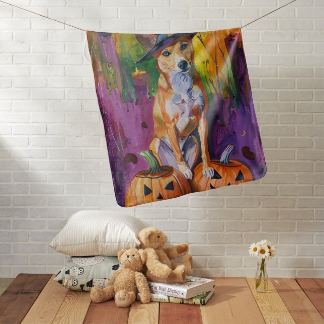 Spooky Basenji Halloween Witch And Pumpkin Baby Blanket (In Situ)