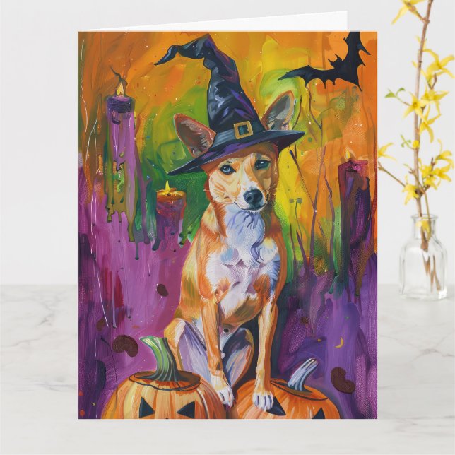 Spooky Basenji Halloween Witch And Pumpkin Card (Yellow Flower)