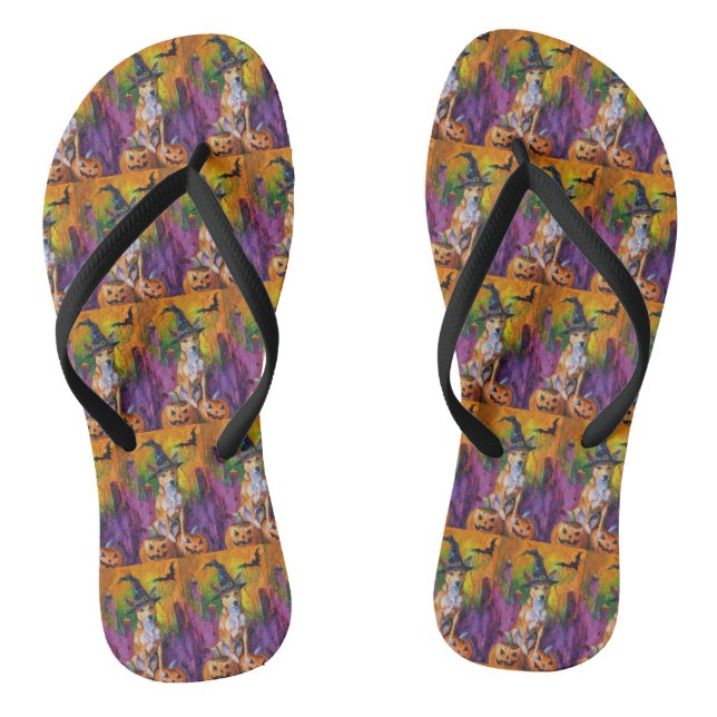 Spooky Basenji Halloween Witch And Pumpkin Flip Flops (Footbed)