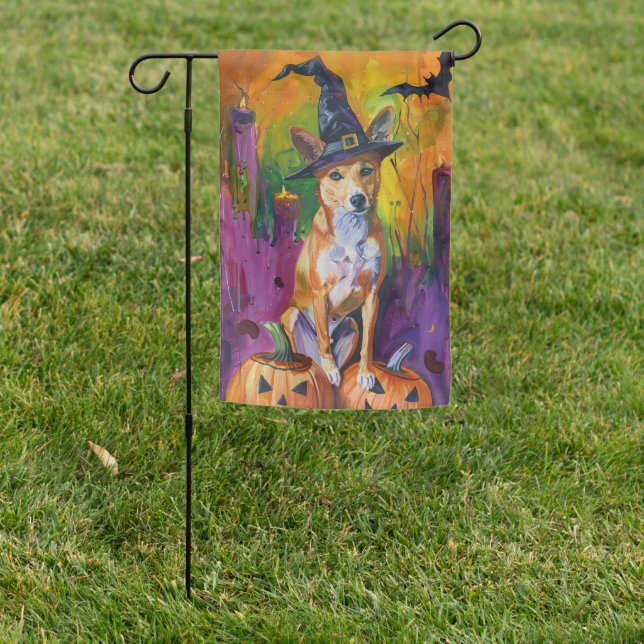 Spooky Basenji Halloween Witch And Pumpkin Garden Flag (In SItu)