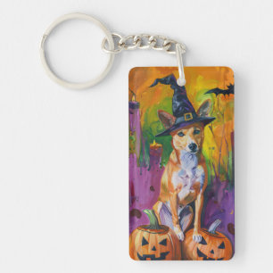 Spooky Basenji Halloween Witch And Pumpkin Keychain