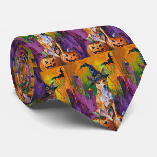 Spooky Basenji Halloween Witch And Pumpkin Neck Tie