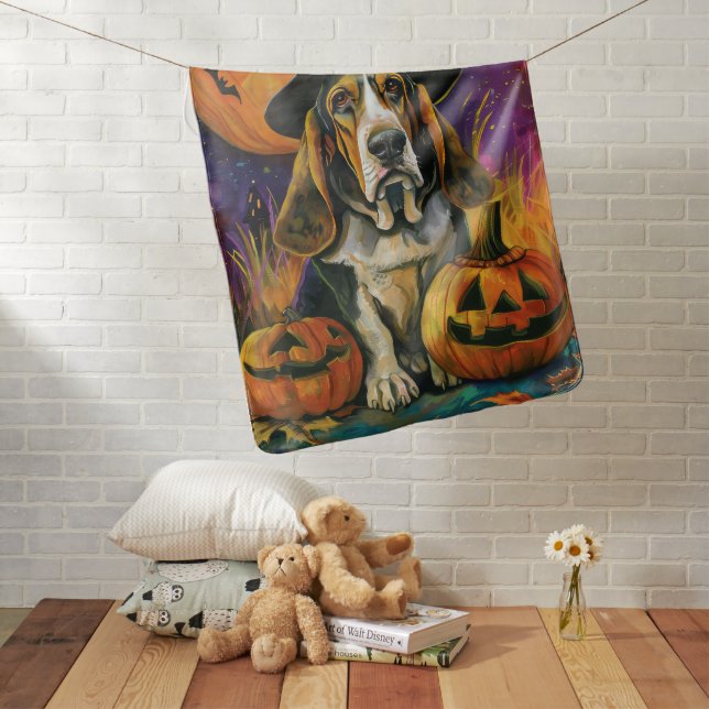 Spooky Basset Hound Halloween Witch And Pumpkin Baby Blanket (In Situ)
