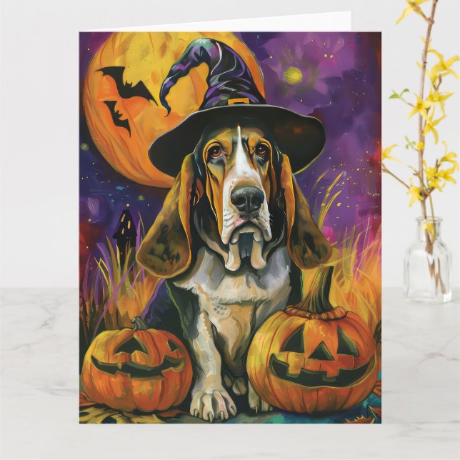 Spooky Basset Hound Halloween Witch And Pumpkin Card (Yellow Flower)