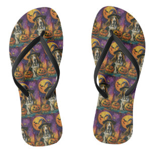 Spooky Basset Hound Halloween Witch And Pumpkin Flip Flops