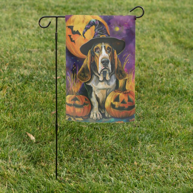 Spooky Basset Hound Halloween Witch And Pumpkin Garden Flag (In SItu)