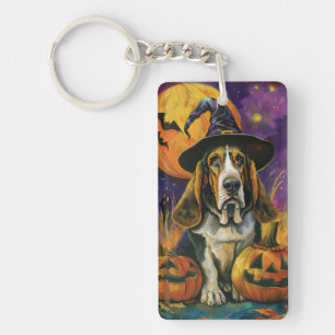 Spooky Basset Hound Halloween Witch And Pumpkin Keychain