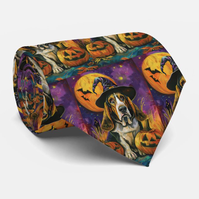Spooky Basset Hound Halloween Witch And Pumpkin Neck Tie (Rolled)