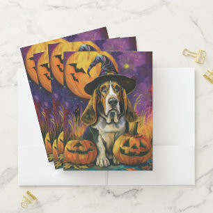 Spooky Basset Hound Halloween Witch And Pumpkin Pocket Folder