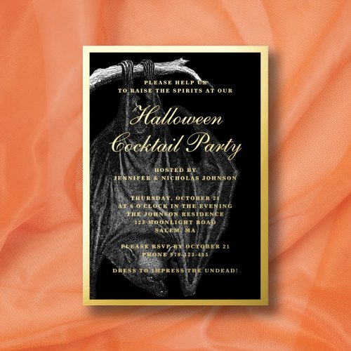Spooky Bat Halloween Cocktail Party Gold Foil Invitation