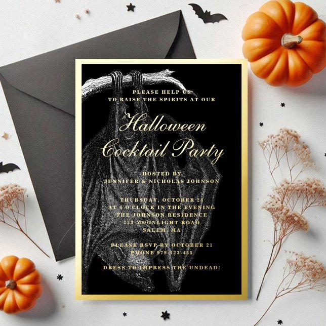 Spooky Bat Halloween Cocktail Party Gold Foil Invitation (Spooky Bat Halloween Cocktail Party Gold Foil Invitation)