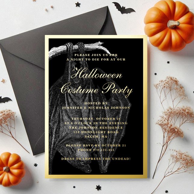 Spooky Bat Halloween Costume Party Gold Foil Invitation (Spooky Bat Halloween Costume Party Gold Foil Invitation)