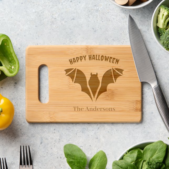 Spooky Bat Halloween Personalized Name Engraved Cutting Board (Kitchen Counter)