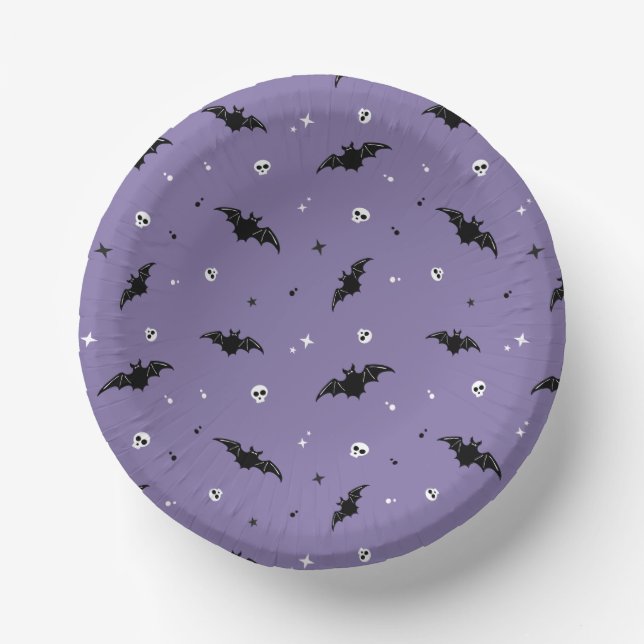 Spooky Bat & Skulls Pattern Halloween Paper Plate Bowls (Front)