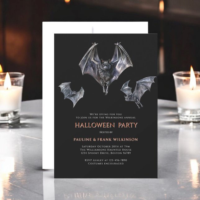 spooky bats halloween costume party  invitation (fun three bats halloween costume party invitations , ideal for adults or children , fully ediatable )