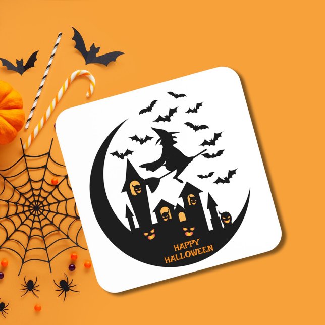 Spooky Bats & Witch Happy Halloween Custom  Beverage Coaster (Creator Uploaded)