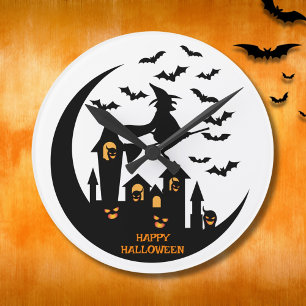Spooky Bats & Witch Happy Halloween Custom Round Clock