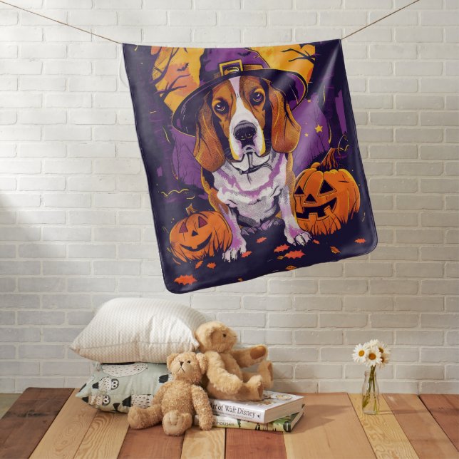 Spooky Beagle Halloween Witch And Pumpkin Baby Blanket (In Situ)