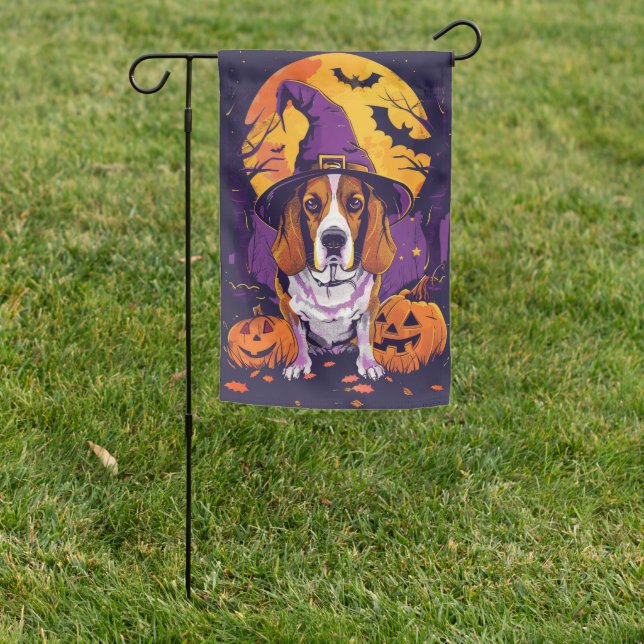 Spooky Beagle Halloween Witch And Pumpkin Garden Flag (In SItu)