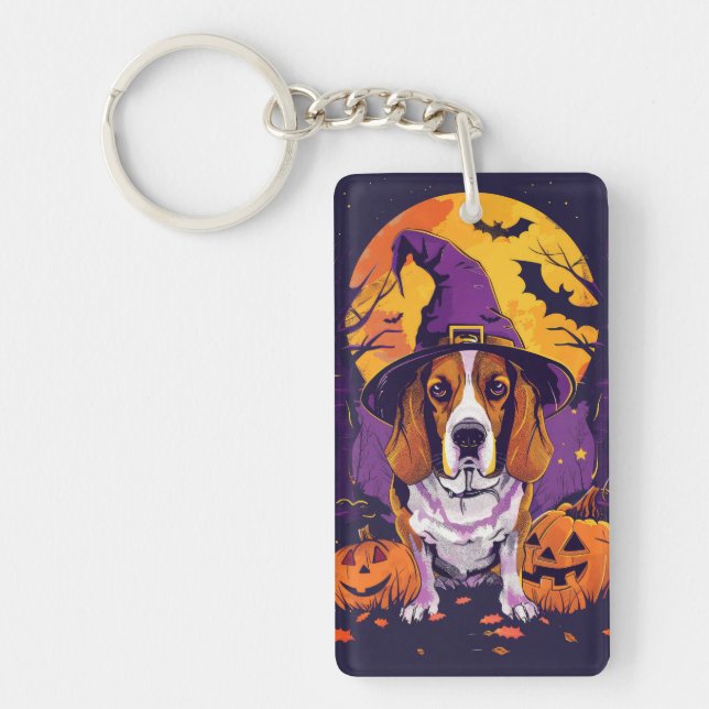 Spooky Beagle Halloween Witch And Pumpkin Keychain (Front)