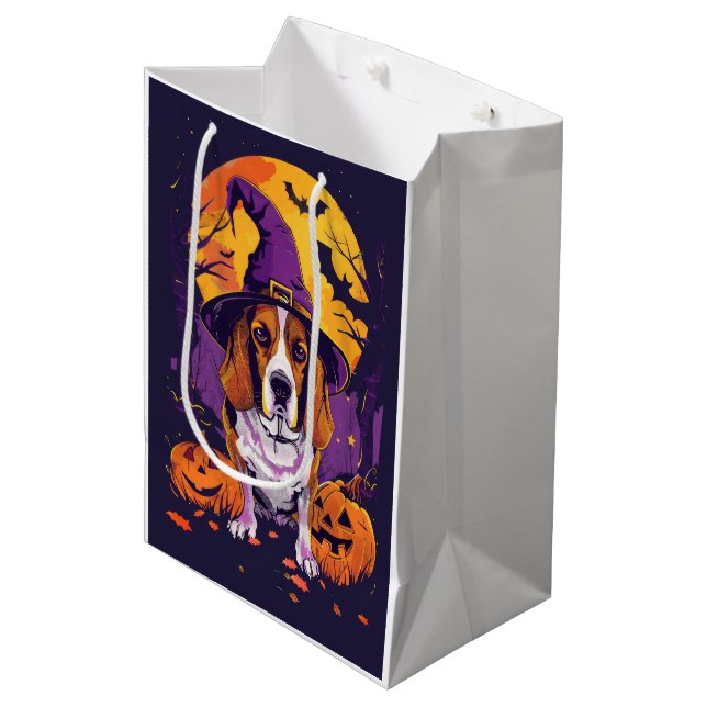 Spooky Beagle Halloween Witch And Pumpkin Medium Gift Bag (Front Angled)