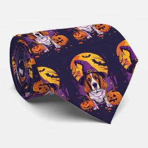 Spooky Beagle Halloween Witch And Pumpkin Neck Tie