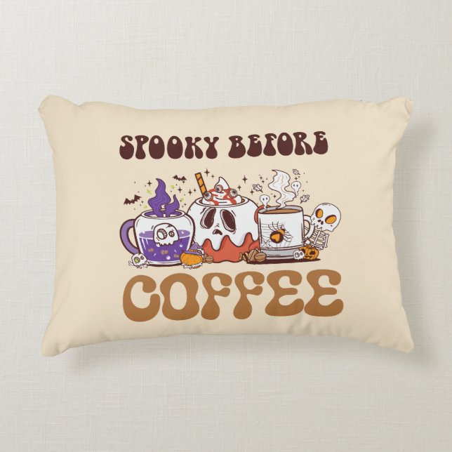 Spooky Before Coffee – Funny Ghost Coffee Brew Accent Pillow (Front)