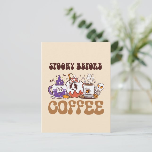 Spooky Before Coffee – Funny Ghost Coffee Brew Postcard (Standing Front)