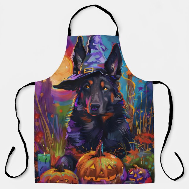 Spooky Belgian Shepherd Halloween Witch Pumpkin Apron (Front)