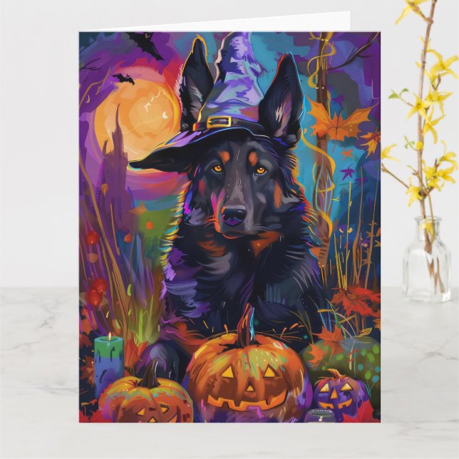 Spooky Belgian Shepherd Halloween Witch Pumpkin Card (Yellow Flower)